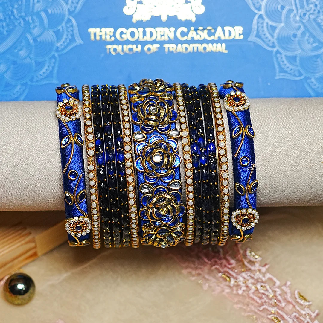 Traditional Handmade Thread Work Glass Bangles Set for Women (Both Hands)