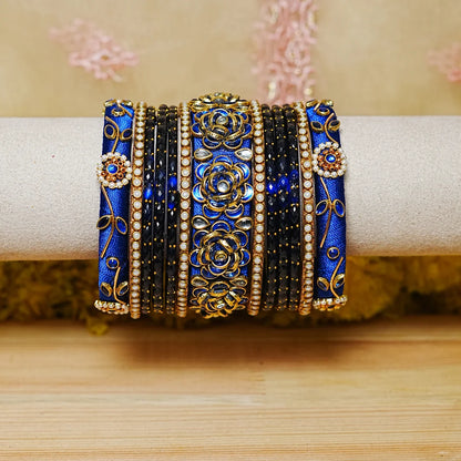 Traditional Handmade Thread Work Glass Bangles Set for Women (Both Hands)
