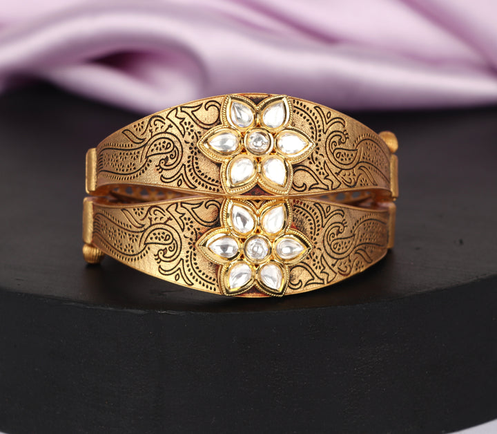 Bracelet for Women & Girls with Golden Finish Antique Design Stone Studded Brass Kada for Ladies