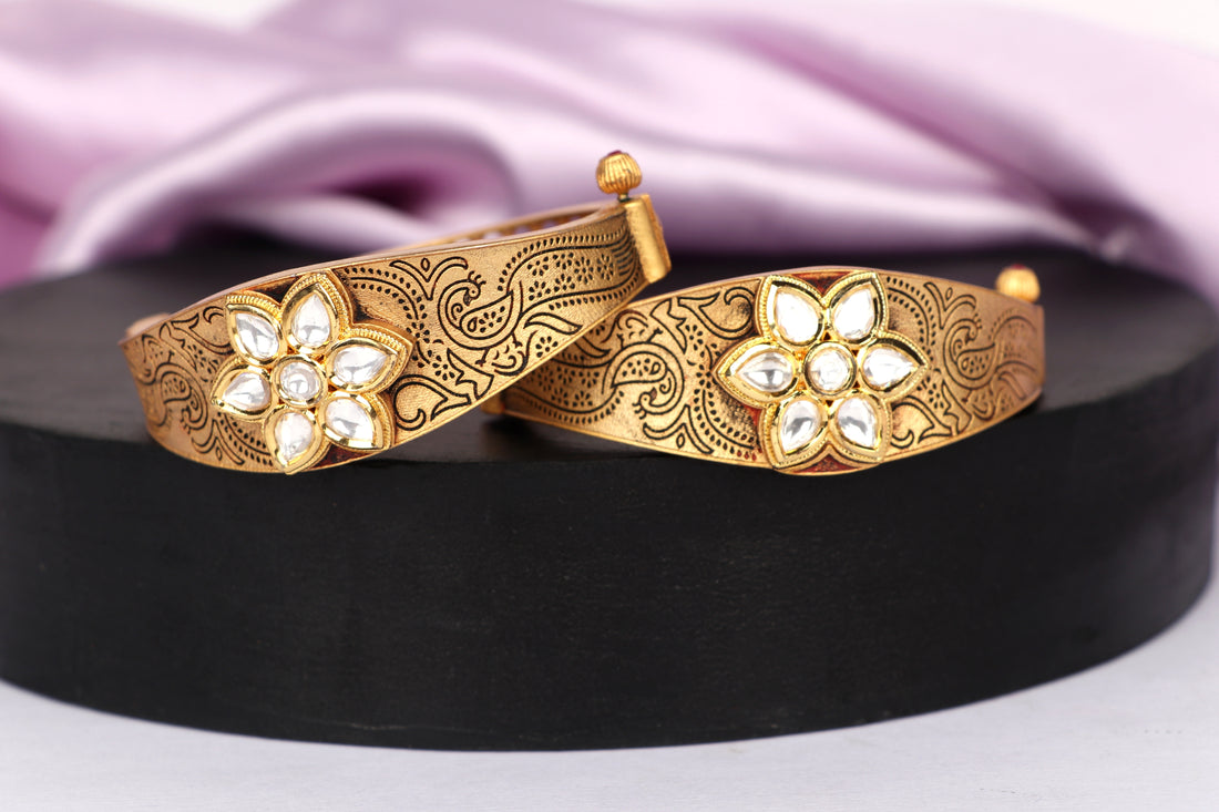 Bracelet for Women & Girls with Golden Finish Antique Design Stone Studded Brass Kada for Ladies