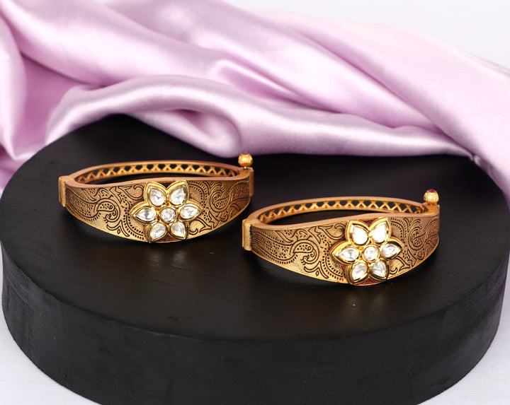 Bracelet for Women & Girls with Golden Finish Antique Design Stone Studded Brass Kada for Ladies