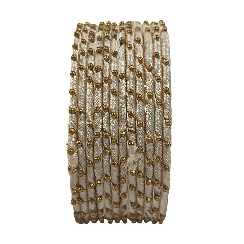 Cream Silk Thread Bangles for Women | Traditional Metal Bangles with Thread Work for Ladies