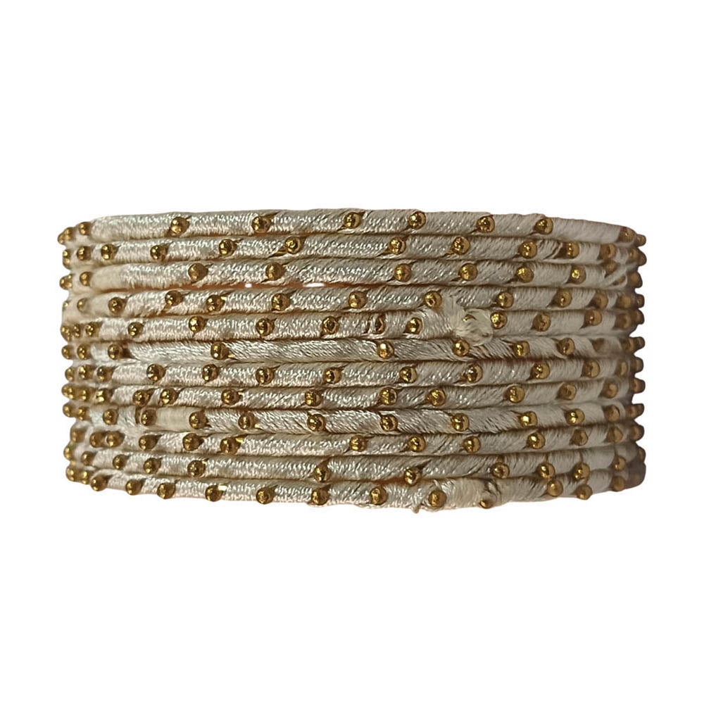 Cream Silk Thread Bangles for Women | Traditional Metal Bangles with Thread Work for Ladies
