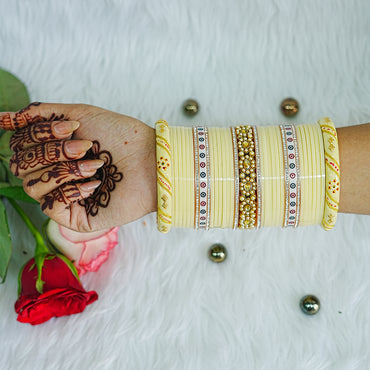 Cream Wedding Chura Set with Kundan Work for Women (Both Hands)