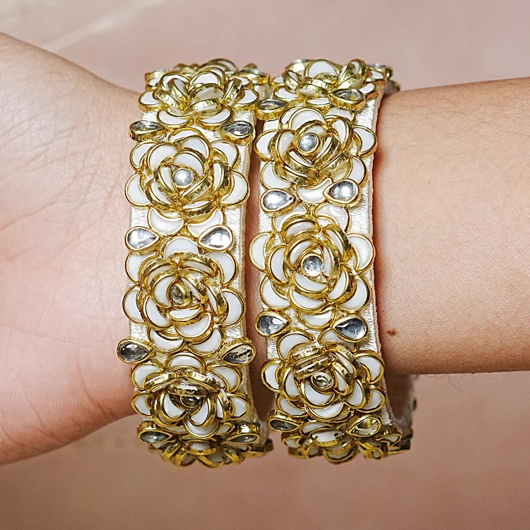 Handmade Thread Kada Bangle with Rose Motif and Kundan Work for Women & Girls (Pack of 2)