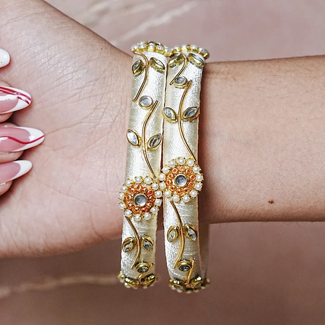 Designer Thread Work Kundan Leaf Style Kada Bangle for Women & Girls (Pack of 2)