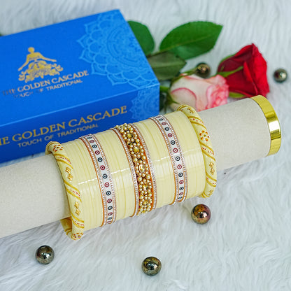 Cream Wedding Chura Set with Kundan Work for Women (Both Hands)