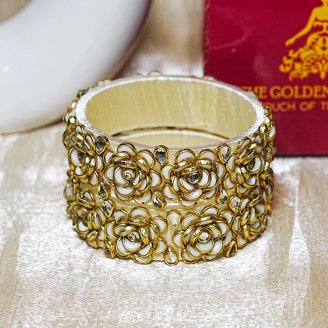 Handmade Thread Kada Bangle with Rose Motif and Kundan Work for Women & Girls (Pack of 2)