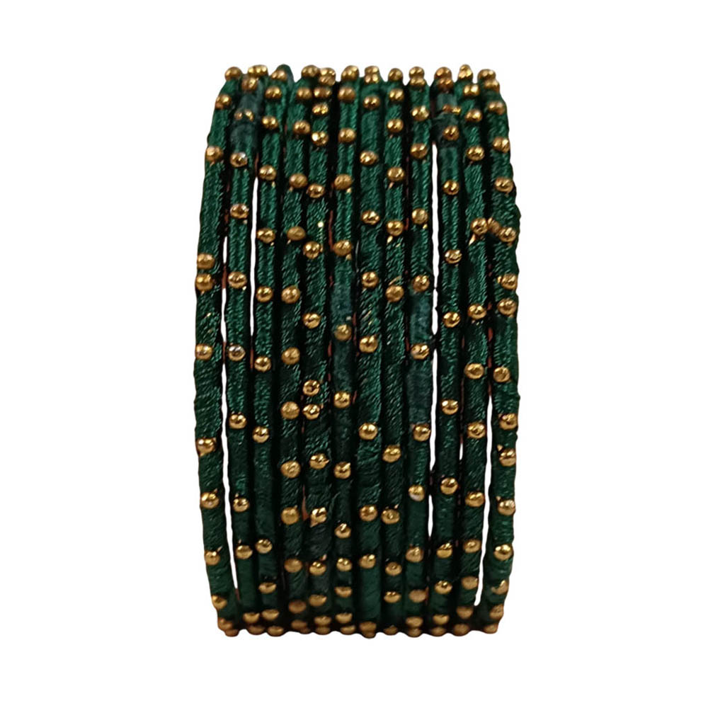 Dark Green Silk Thread Bangles for Women | Traditional Metal Bangles with Thread Work for Ladies