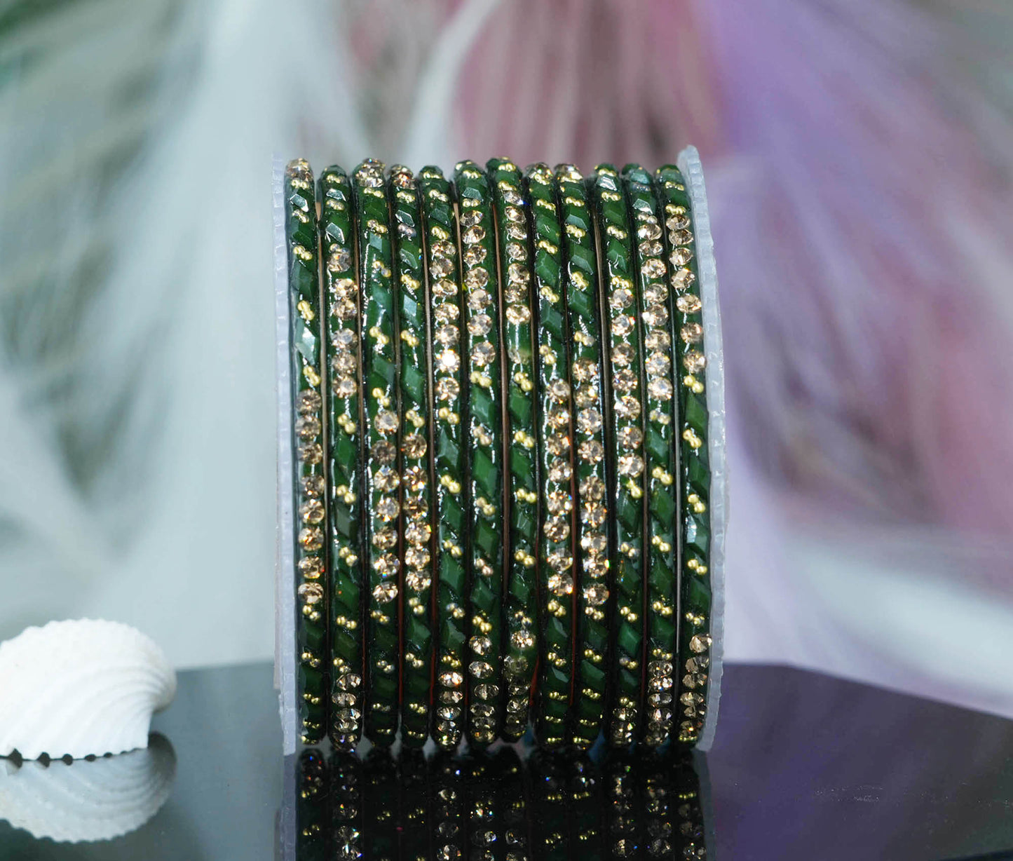 Glass Bangles with Gold Pearl Beads Studded for Women & Girls (Pack 12 Bangles)