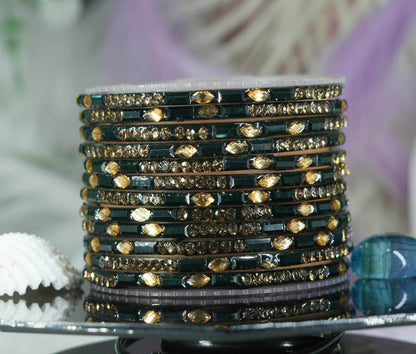 Multiple Color Glass Bangle with Stone Beads Work for Women & Girls (Pack 12 Bangles)