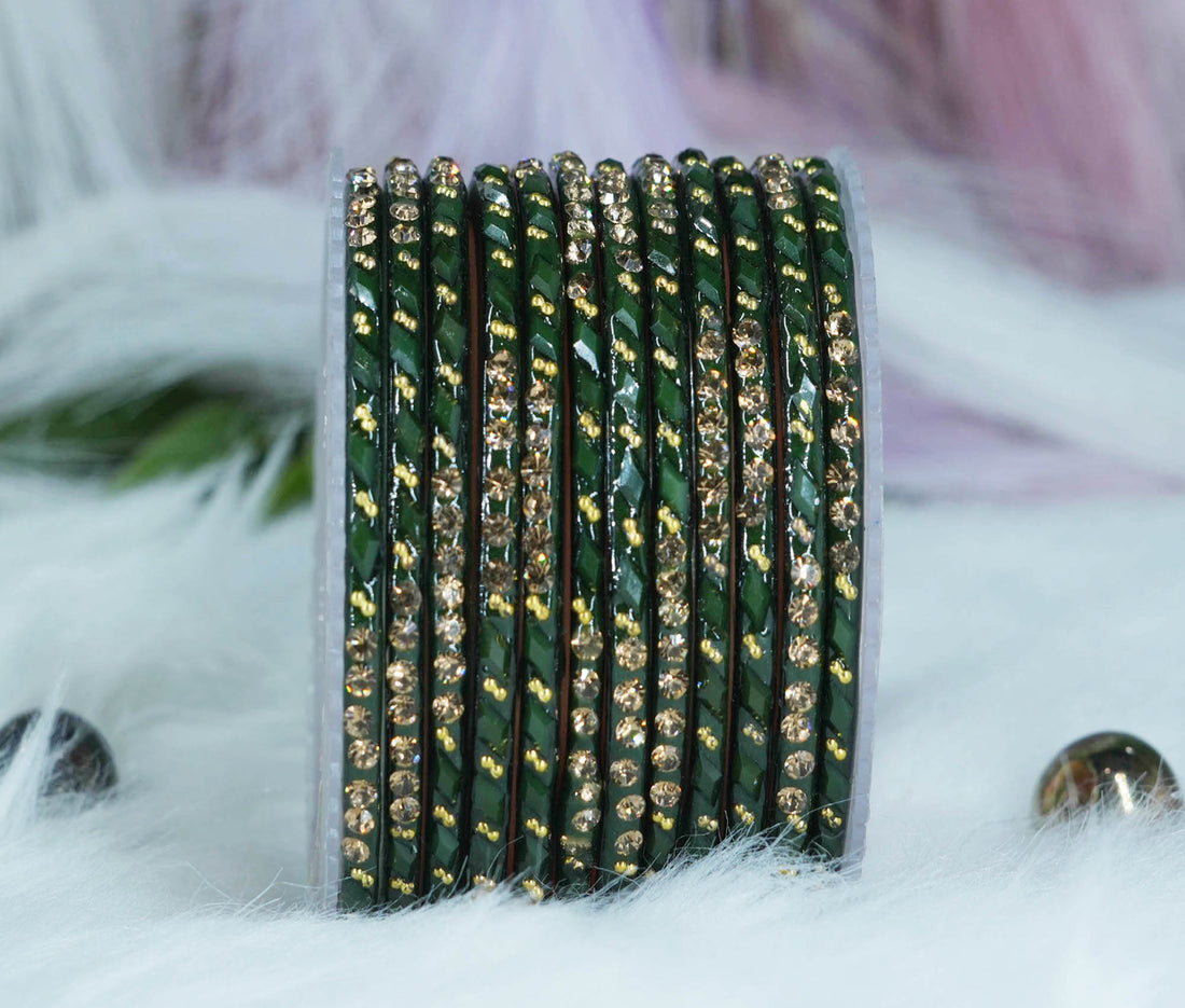 Glass Bangles with Gold Pearl Beads Studded for Women & Girls (Pack 12)