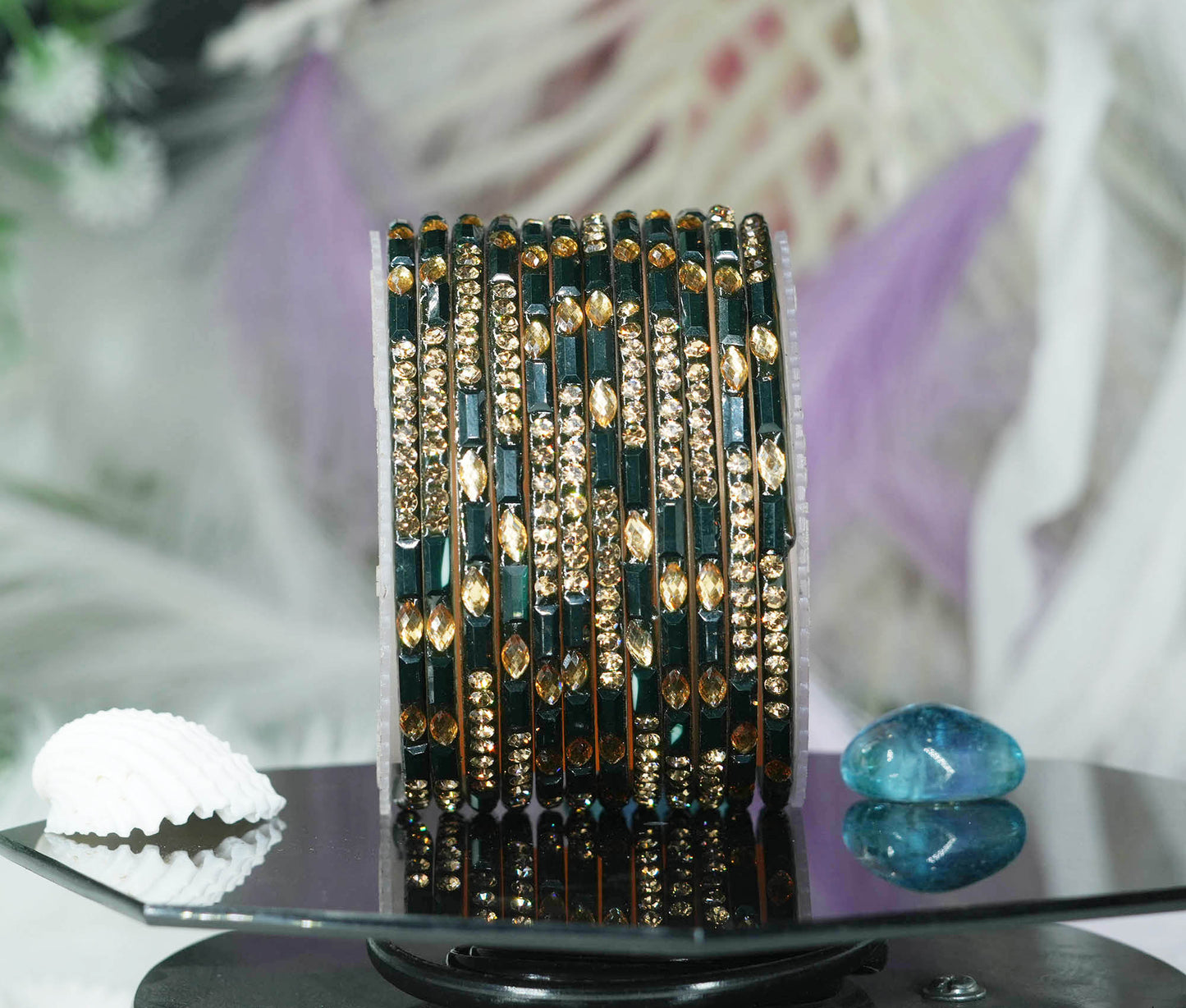 Multiple Color Glass Bangle with Stone Beads Work for Women & Girls (Pack 12 Bangles)