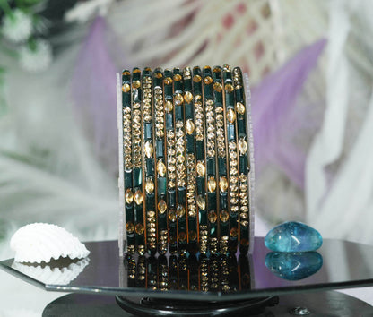 Multiple Color Glass Bangle with Stone Beads Work for Women & Girls (Pack 12 Bangles)