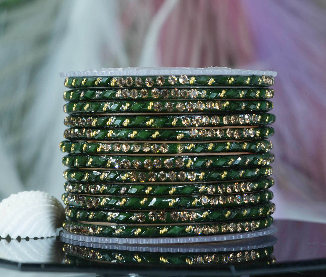 Glass Bangles with Gold Pearl Beads Studded for Women & Girls (Pack 12)