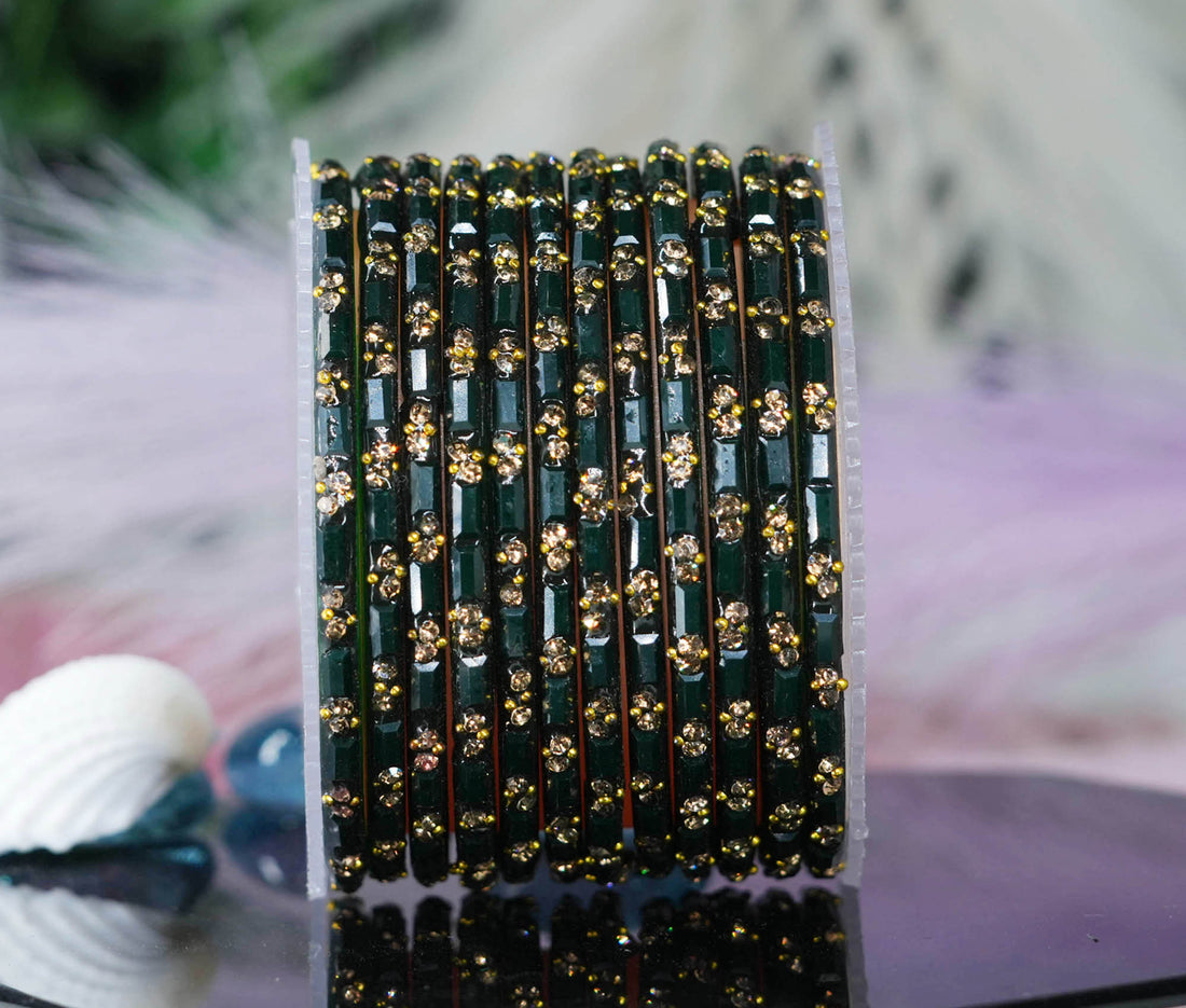 Multiple Color Glass Bangles with Beads Studded for Women & Girls (Pack of 12)