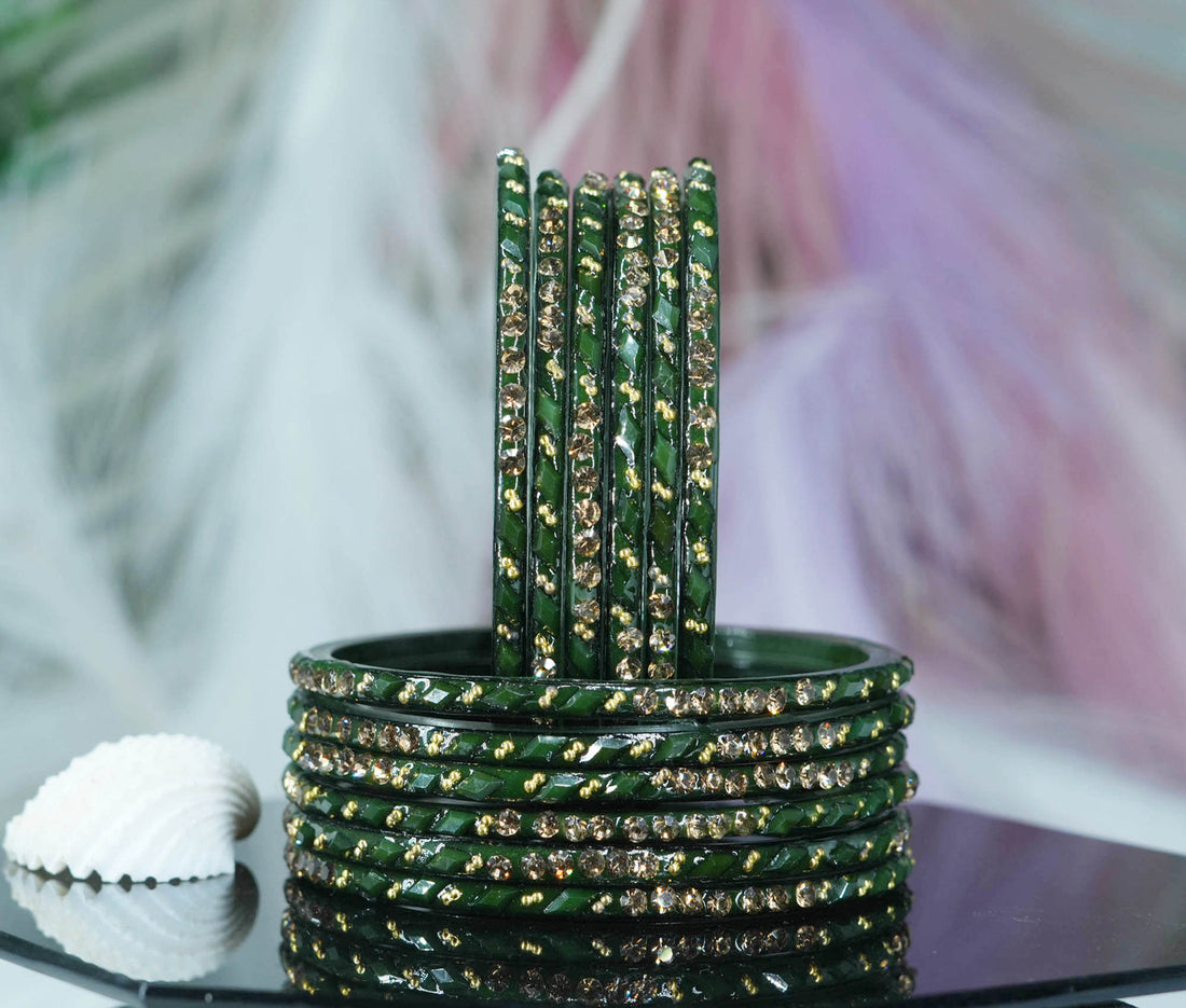 Glass Bangles with Gold Pearl Beads Studded for Women & Girls (Pack 12)
