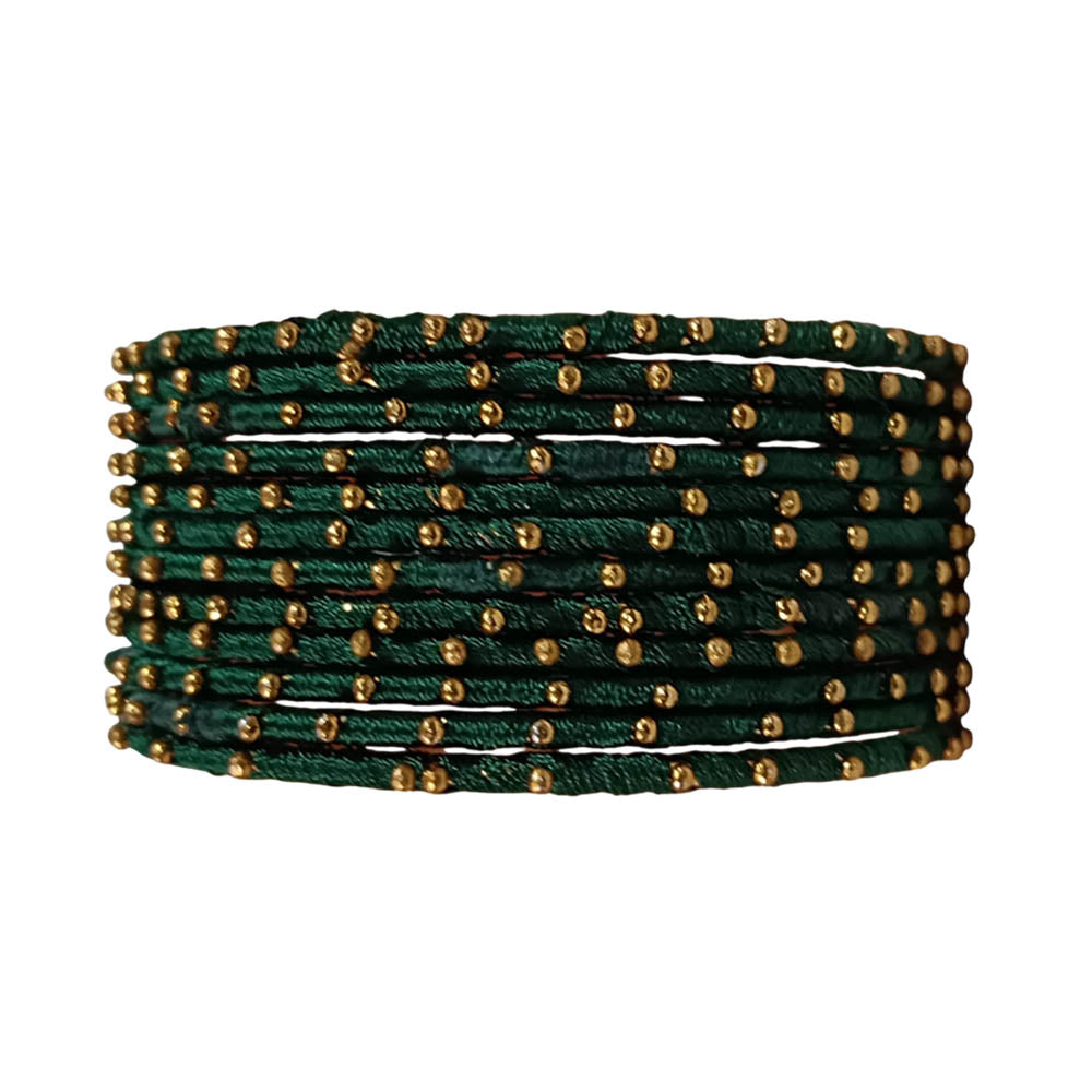 Dark Green Silk Thread Bangles for Women | Traditional Metal Bangles with Thread Work for Ladies
