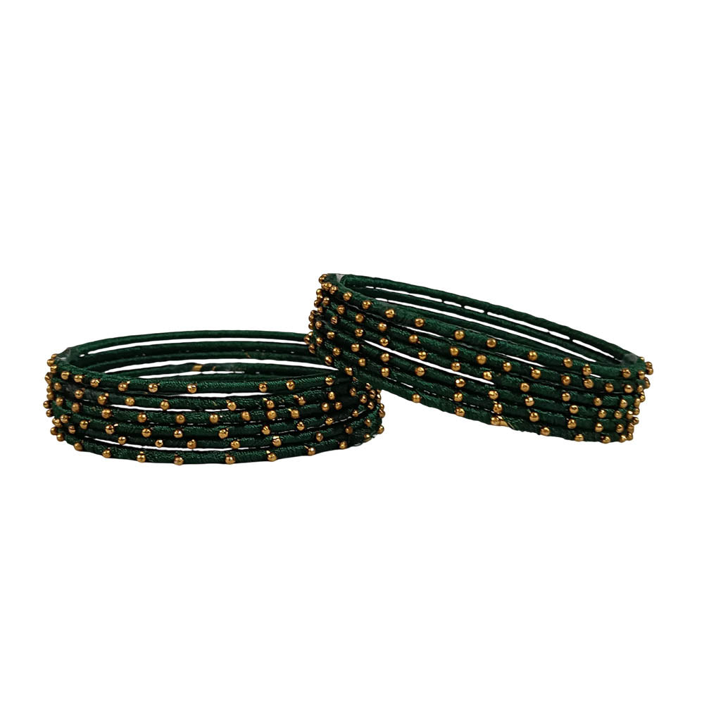Dark Green Silk Thread Bangles for Women | Traditional Metal Bangles with Thread Work for Ladies