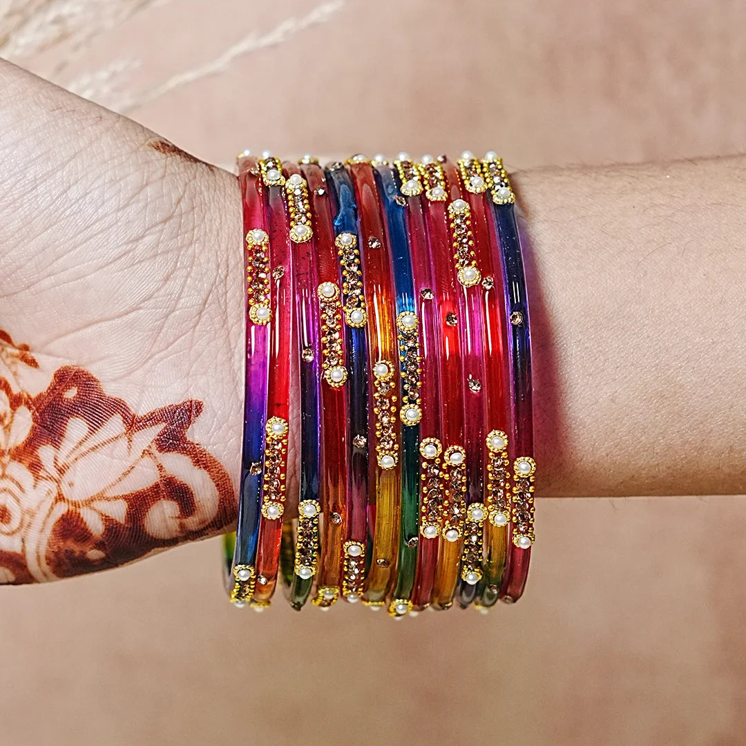 Premium Glass Bangles for Women | Zircon & Beads Work | Glossy Finish (Pack of 12)