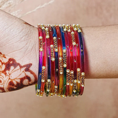 Premium Glass Bangles for Women | Zircon & Beads Work | Glossy Finish (Pack of 12)