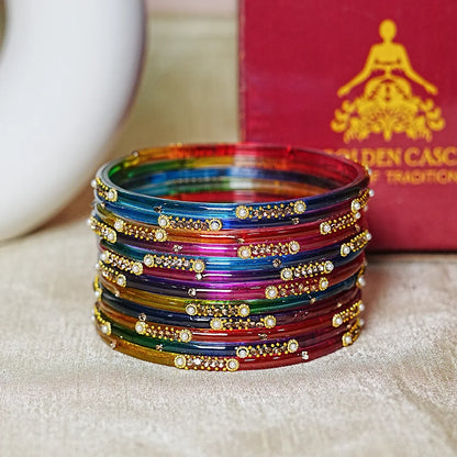 Premium Glass Bangles for Women | Zircon & Beads Work | Glossy Finish (Pack of 12)