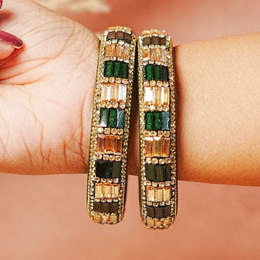 Designer Glass Kada Bangle with Stone & Beads Work for Women & Girls (Pack of 2)