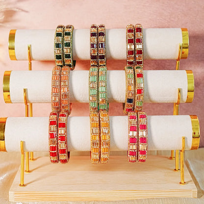 Designer Glass Kada Bangle with Stone & Beads Work for Women & Girls (Pack of 2)