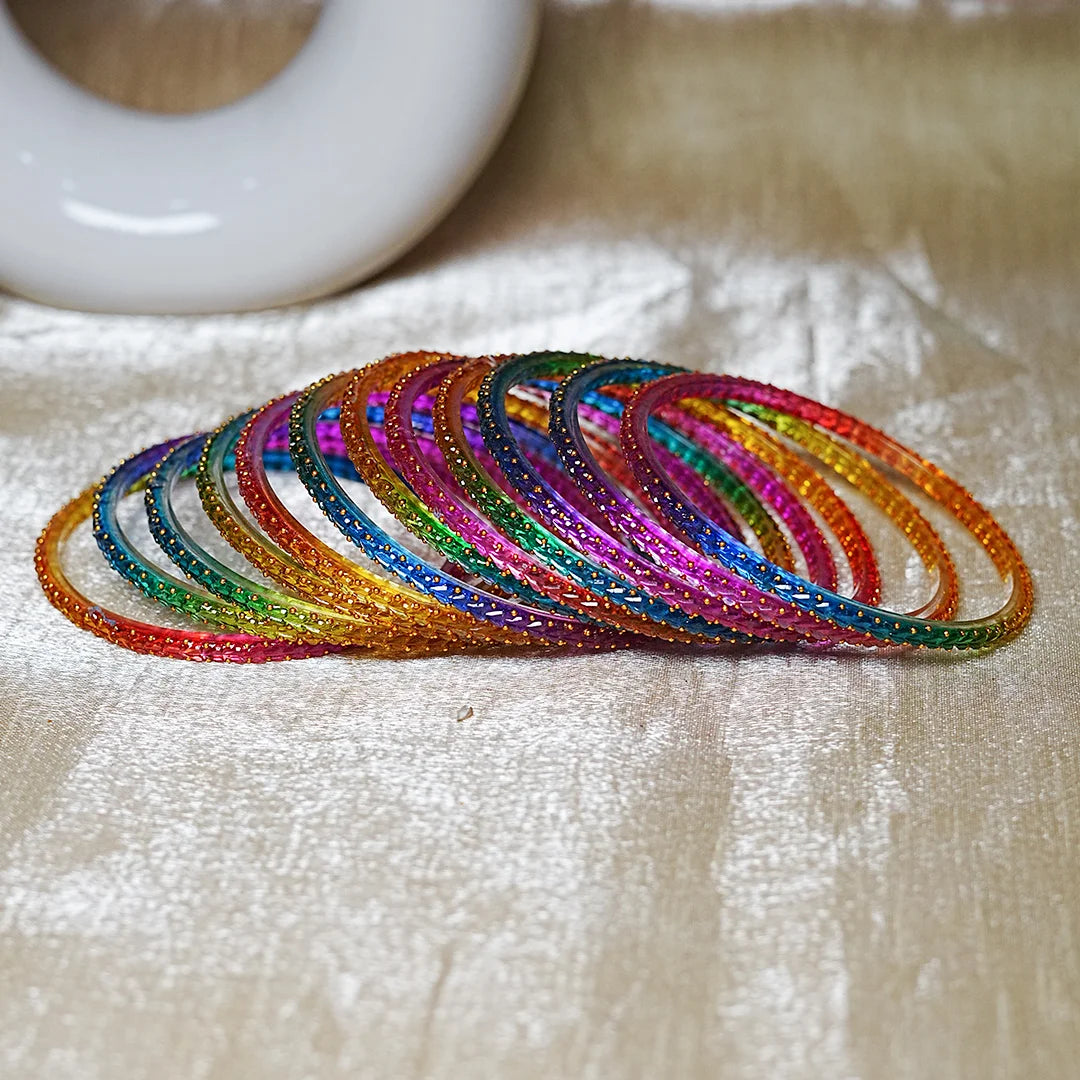 Traditional Gold Ball Studded Work Design Glass Bangles for Women (Pack of 12)