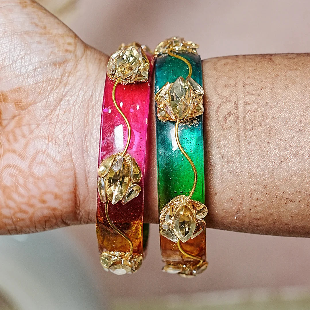 Traditional Flower Design Kundan Work Glass Kada for Women & Girls (Pack of 2)