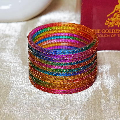 Traditional Gold Ball Studded Work Design Glass Bangles for Women (Pack of 12)