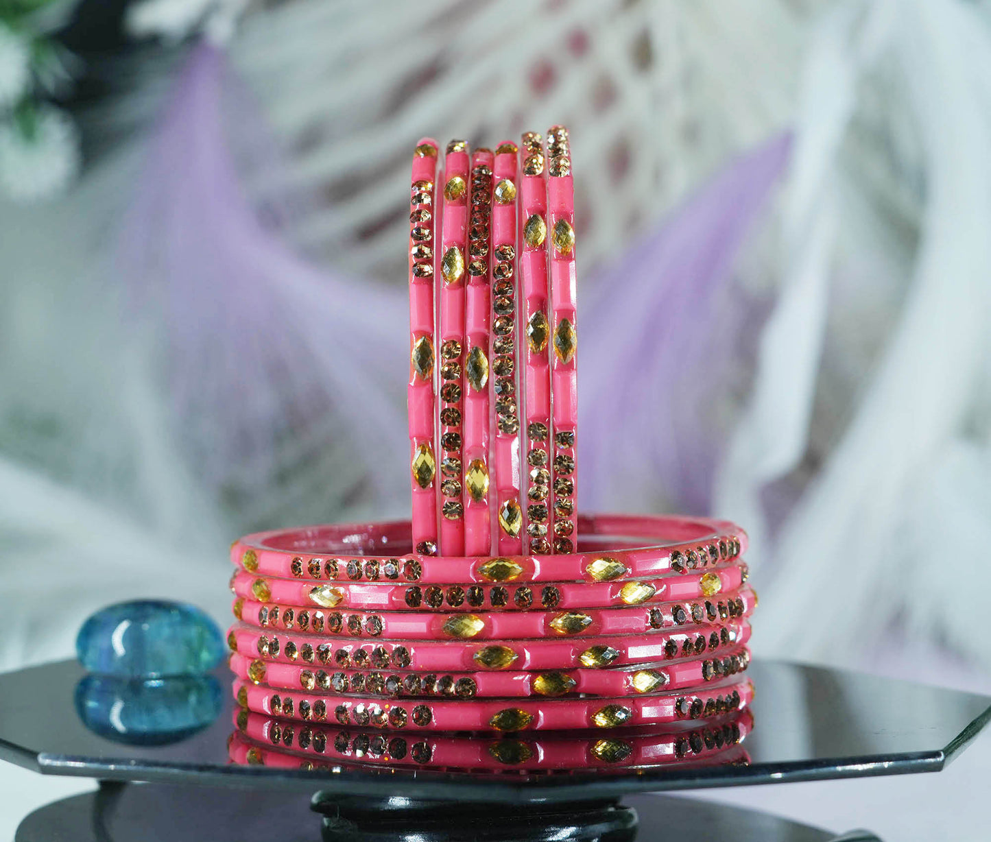 Multiple Color Glass Bangle with Stone Beads Work for Women & Girls (Pack 12 Bangles)