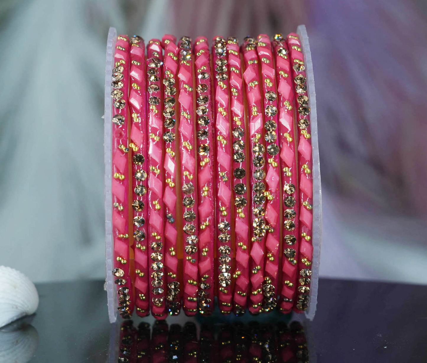 Glass Bangles with Gold Pearl Beads Studded for Women & Girls (Pack 12 Bangles)
