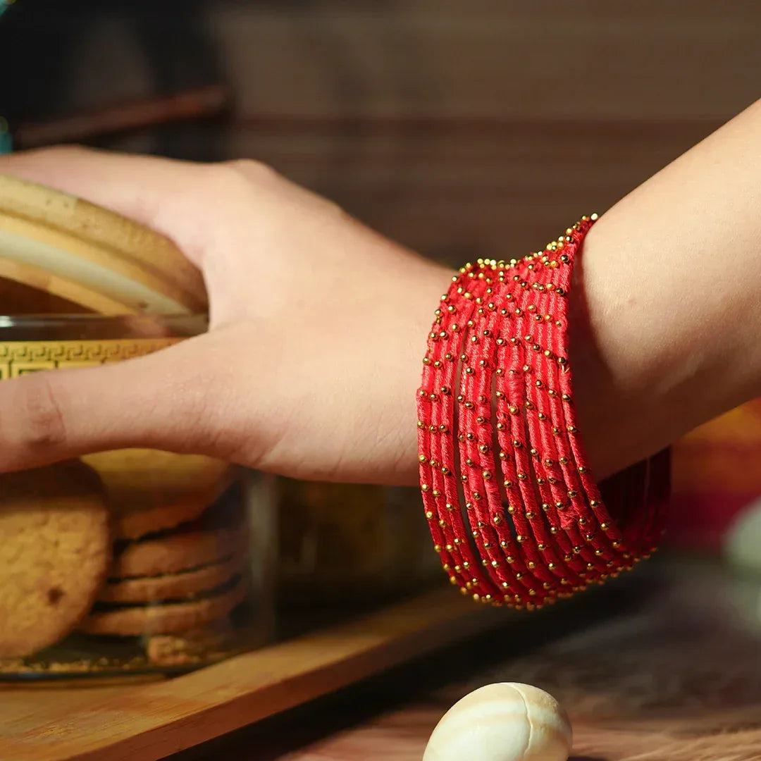 Gajari Color Premium Silk Thread Bangle for Women & Girls (Pack of 12) - The Golden Cascade