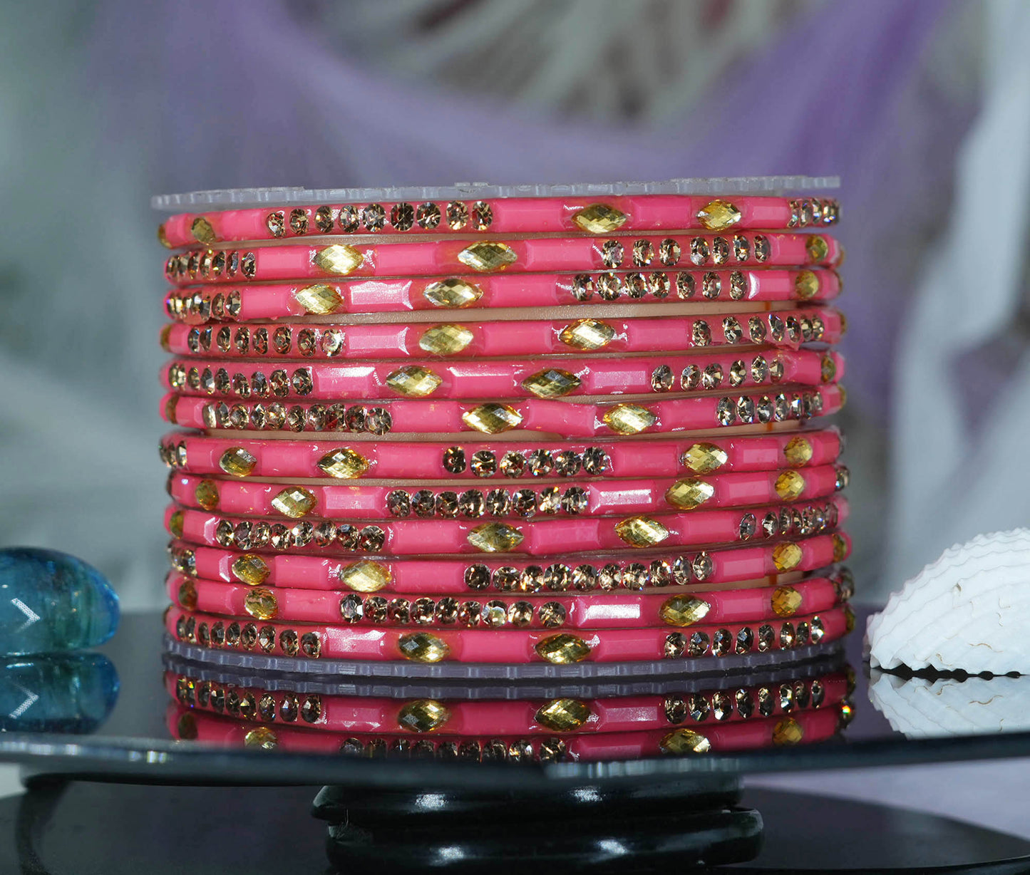 Multiple Color Glass Bangle with Stone Beads Work for Women & Girls (Pack 12 Bangles)