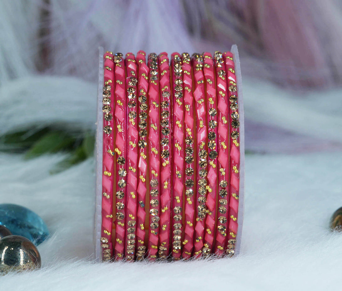 Glass Bangles with Gold Pearl Beads Studded for Women & Girls (Pack 12)