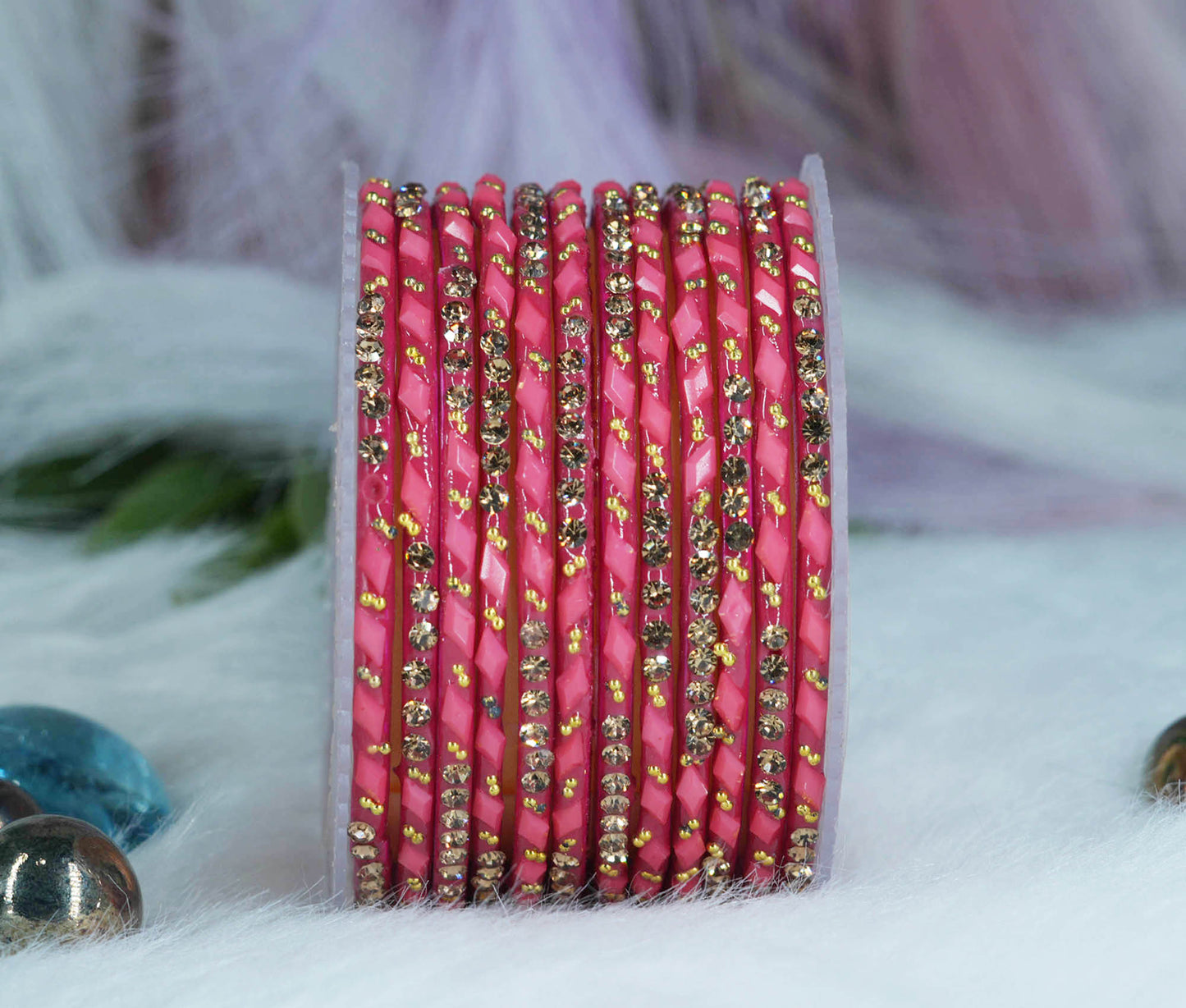Glass Bangles with Gold Pearl Beads Studded for Women & Girls (Pack 12 Bangles)
