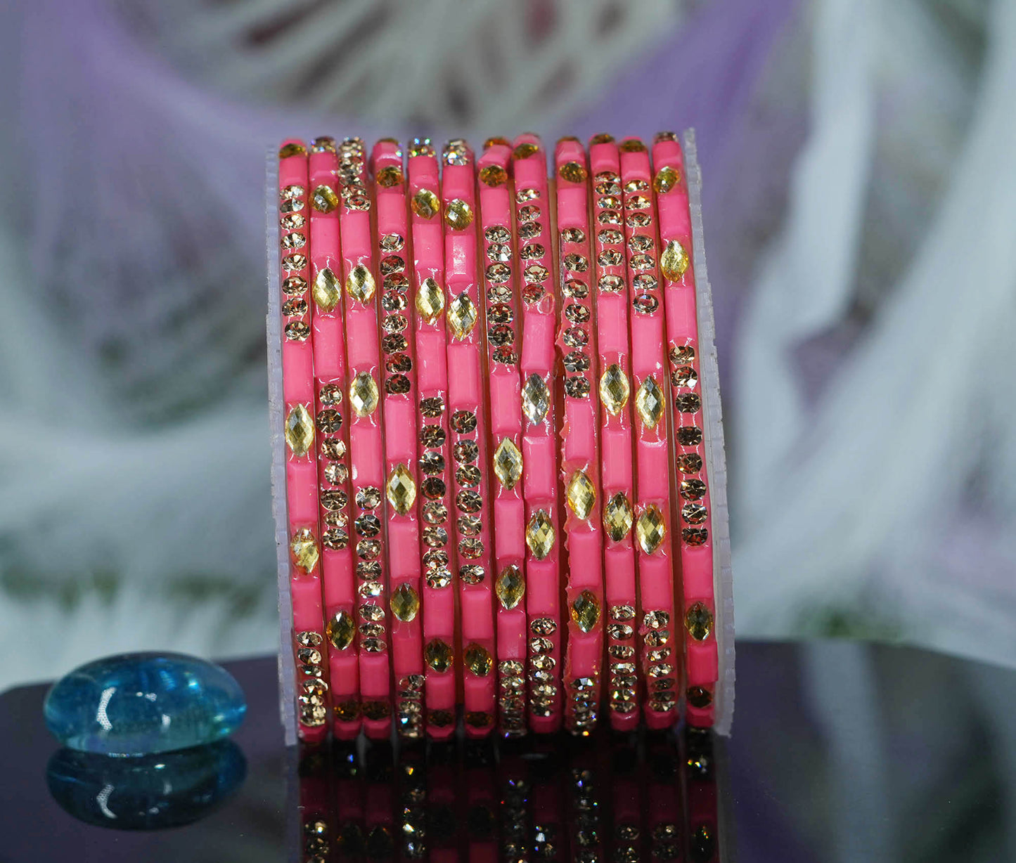 Multiple Color Glass Bangle with Stone Beads Work for Women & Girls (Pack 12 Bangles)