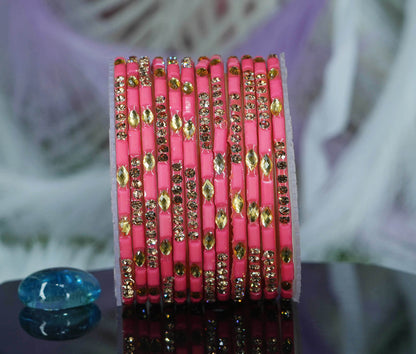 Multiple Color Glass Bangle with Stone Beads Work for Women & Girls (Pack 12 Bangles)