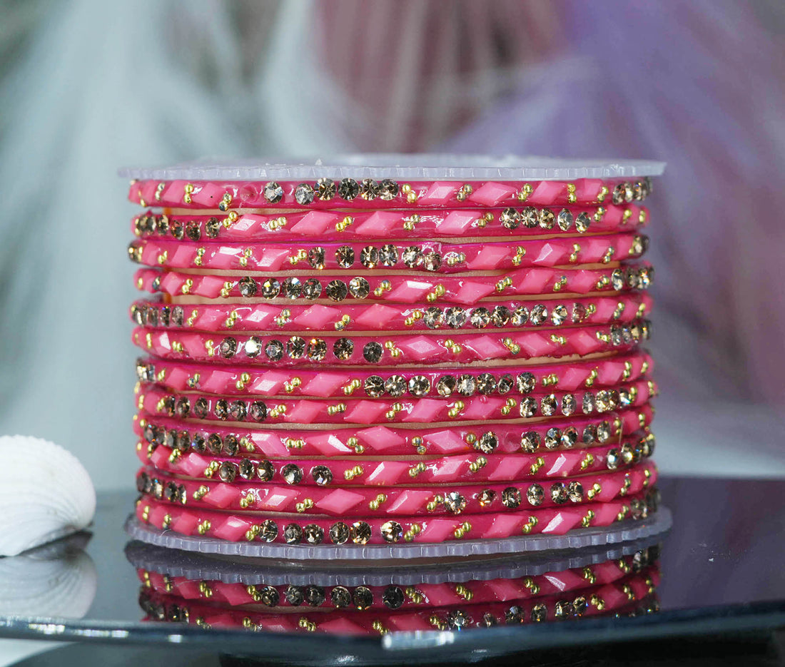 Glass Bangles with Gold Pearl Beads Studded for Women & Girls (Pack 12)