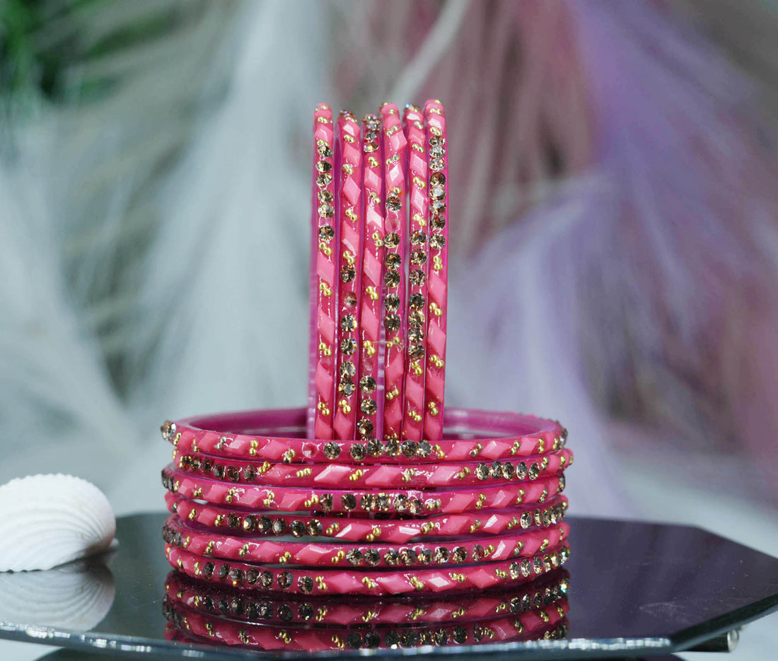 Glass Bangles with Gold Pearl Beads Studded for Women & Girls (Pack 12)