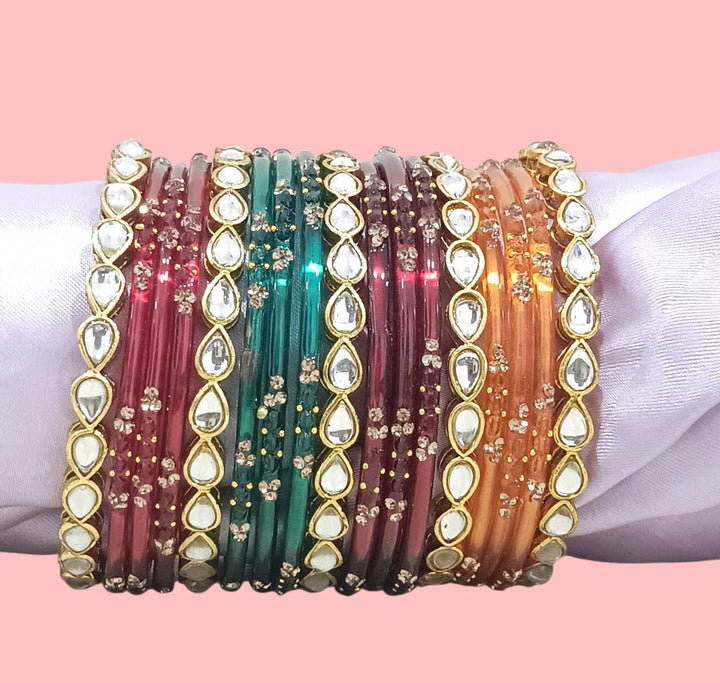 Traditional Glass Bangles Set for Women | Gold Plated with Kundan Stone (Both Hand)