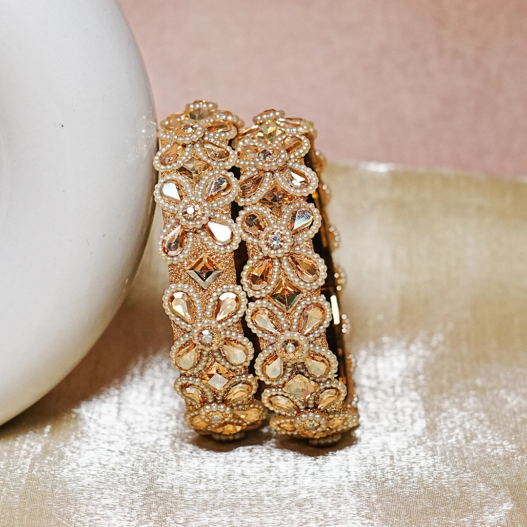 Traditional Glass Kada Intricate Kundan Stone & Pearl Work for Women & Girls (Pack of 2)