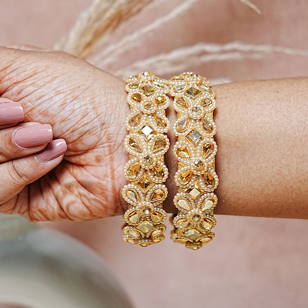 Traditional Glass Kada Intricate Kundan Stone & Pearl Work for Women & Girls (Pack of 2)