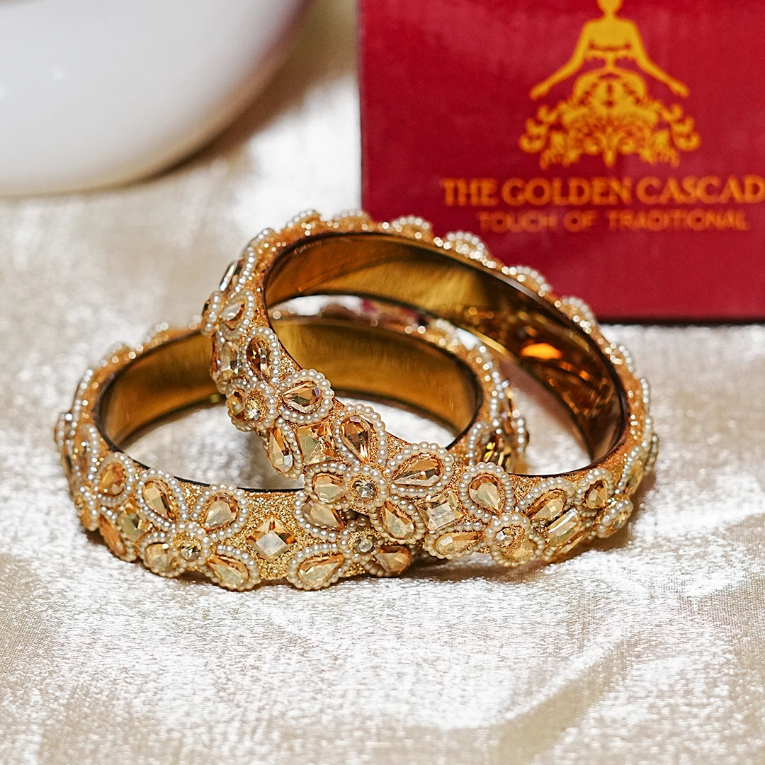 Traditional Glass Kada Intricate Kundan Stone & Pearl Work for Women & Girls (Pack of 2)