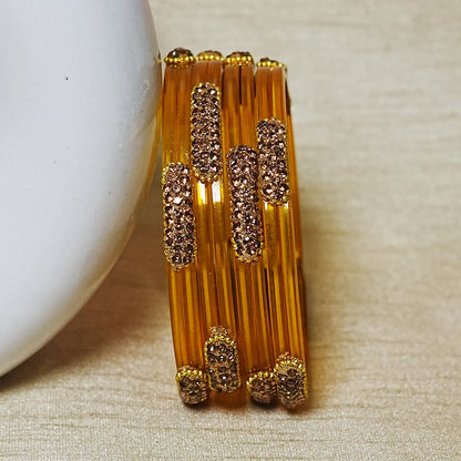 Glossy Finish Designer Glass Kada Bangles with Beads & Stone Work (Pack of 4)
