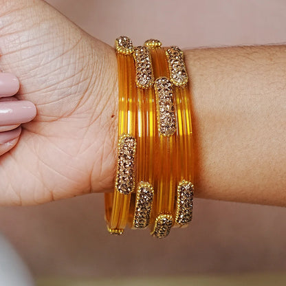 Glossy Finish Designer Glass Kada Bangles with Beads & Stone Work (Pack of 4)