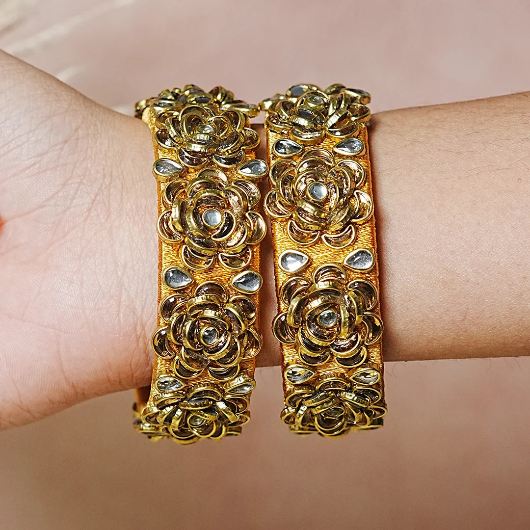 Handmade Thread Kada Bangle with Rose Motif and Kundan Work for Women & Girls (Pack of 2)