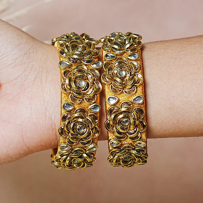 Handmade Thread Kada Bangle with Rose Motif and Kundan Work for Women & Girls (Pack of 2)