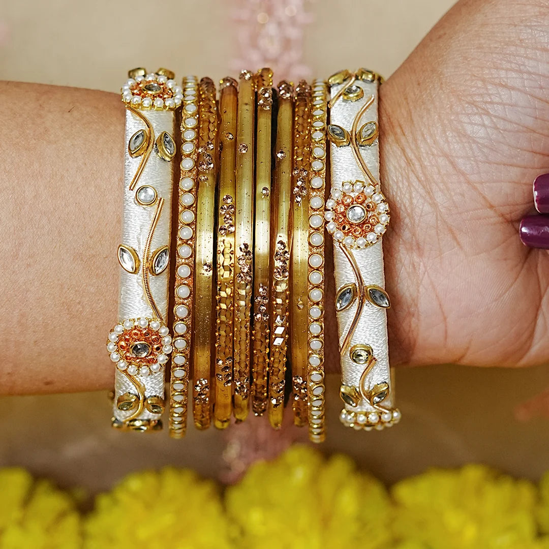 Traditional Thread Work Mini Glass Bangles Set for Women (Both Hands)